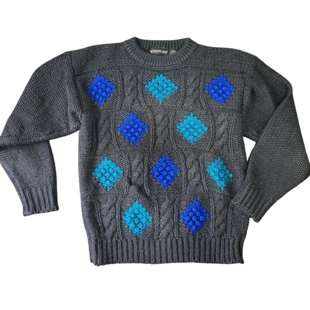 Vintage 80s Botany 500 Thick Knit Grandpa Sweater Large Diamond Pattern